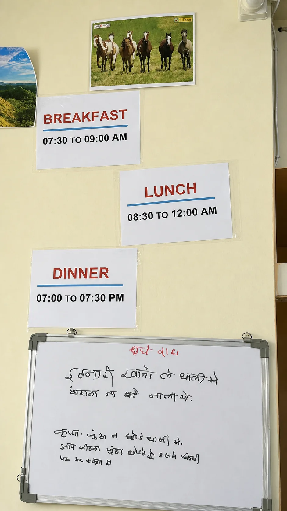 PJ PG wall displaying breakfast, lunch and dinner timings