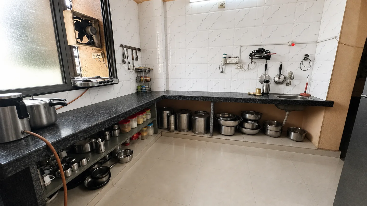 Shared kitchen cooking area with worktop, taps and stored utensils