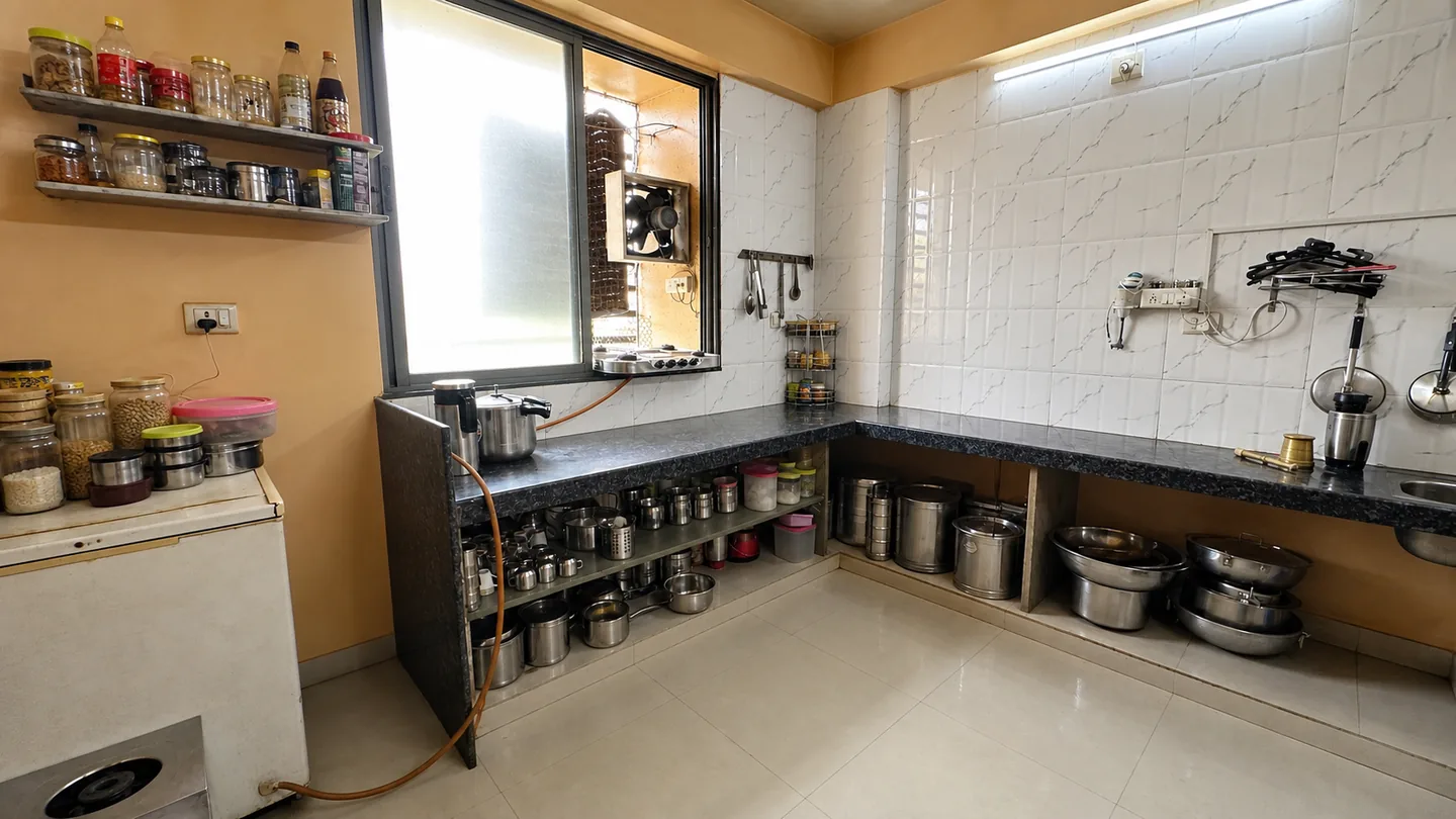Wide PJ PG shared kitchen with shelves, utensils and a worktop